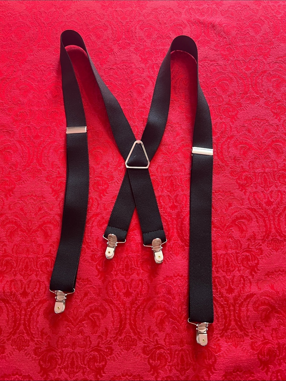 Men’s Black Y-Back Clip Suspenders Adjustable Elastic Silver Hardware